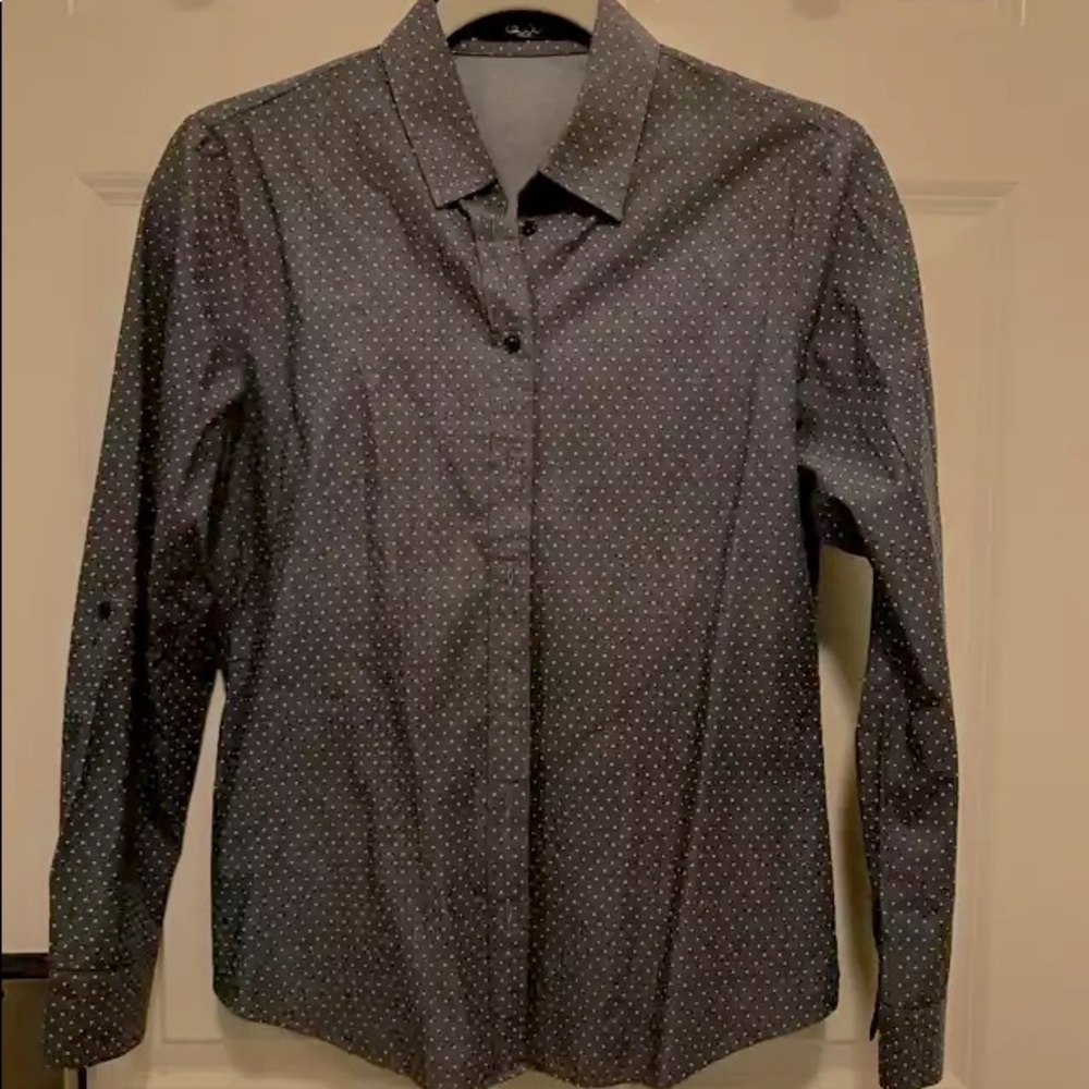 Navy button down formal shirt with peach dots